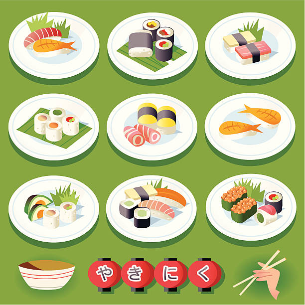 sushi i płyty - sushi california roll salmon sashimi stock illustrations