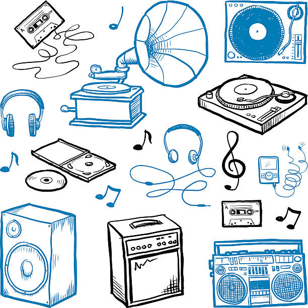 ilustrações, clipart, desenhos animados e ícones de esboço ícones de música - personal cassette player