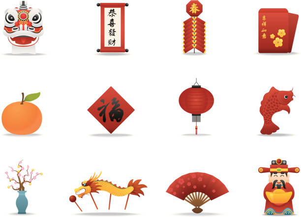 Chinese New Year icons | Premium Matte series Matte & soft lookin' icon set for your web page, interactive, presentation, print, and all sorts of design need. orange red dragon stock illustrations