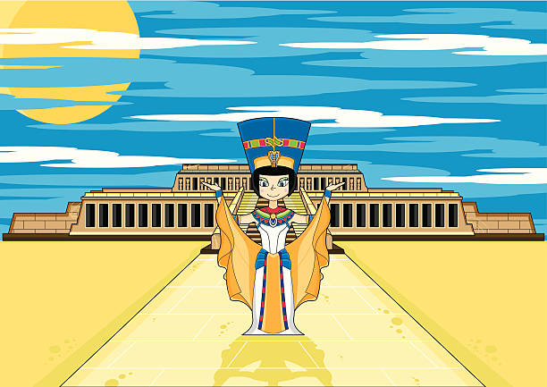 ilustraciones, imágenes clip art, dibujos animados e iconos de stock de egyptian queen en el templo de hatshepsut - traje de reina egipcia