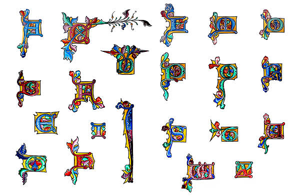 알파벳 데이트 from1470-손 유색 음각 - manuscript medieval medieval illuminated letter old stock illustrations