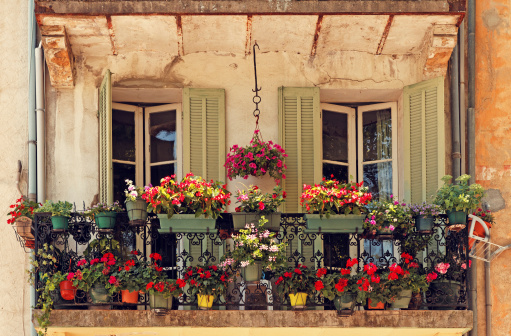 balcony decorated with flowers - Location: Barjols, Provence, France