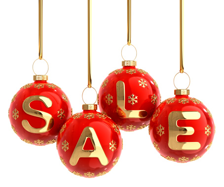 Red Chirstmas balls with a gold word SALE. Isolated on white with clipping path. 3D render.
