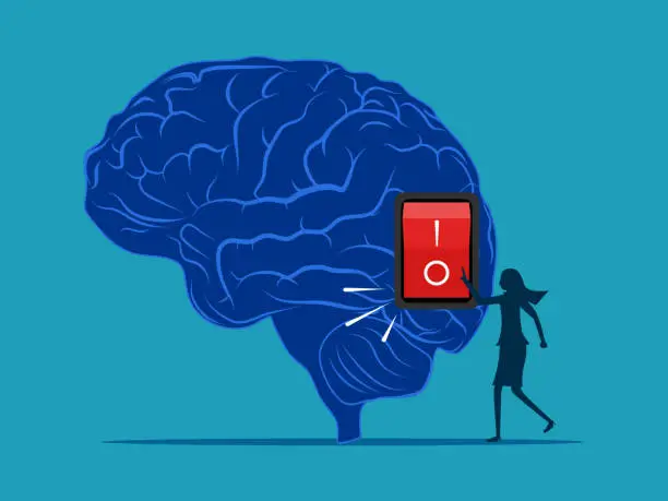 Vector illustration of Turn off wisdom and knowledge. woman turns off brain switch