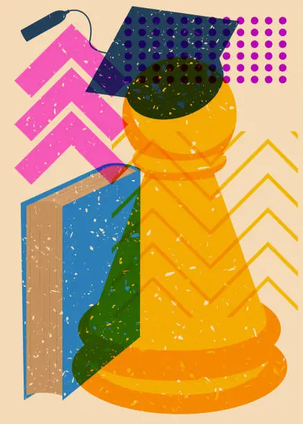 Vector illustration of Risograph Back to School concept art with chess pawn, book, graduation cap and geometric shapes. Educational background in trendy riso graph design.