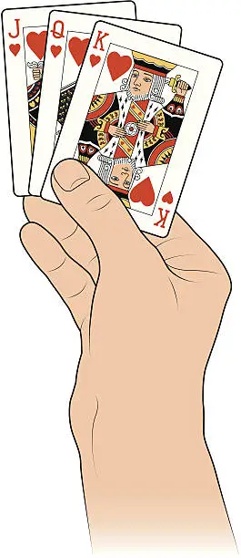 Vector illustration of Hand with Jack,Queen and King of Hearts playing cards