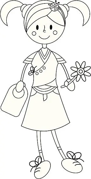 Vector illustration of Cute Girl with Flowers & Bag.
