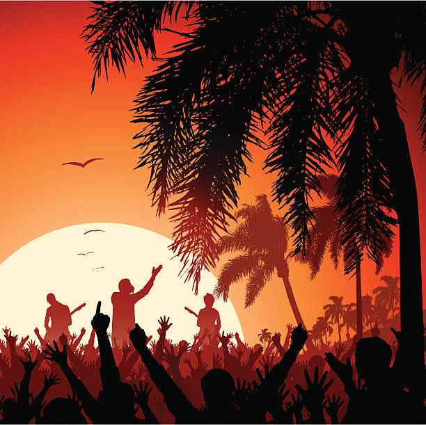 illustrazioni stock, clip art, cartoni animati e icone di tendenza di concerto spiaggia al tramonto - classic rock immagine