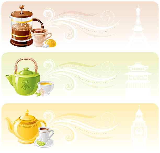 뜨거운 음료 배너입니다 설정 - tea green tea jasmine chinese tea stock illustrations