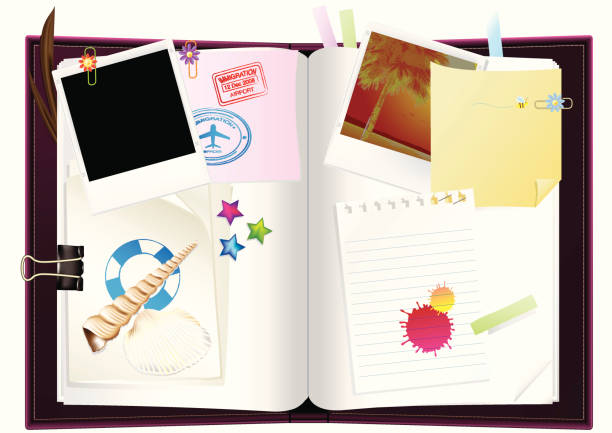 Diary or travelogue Travelogue or Diary, All item can change color. diary photos stock illustrations