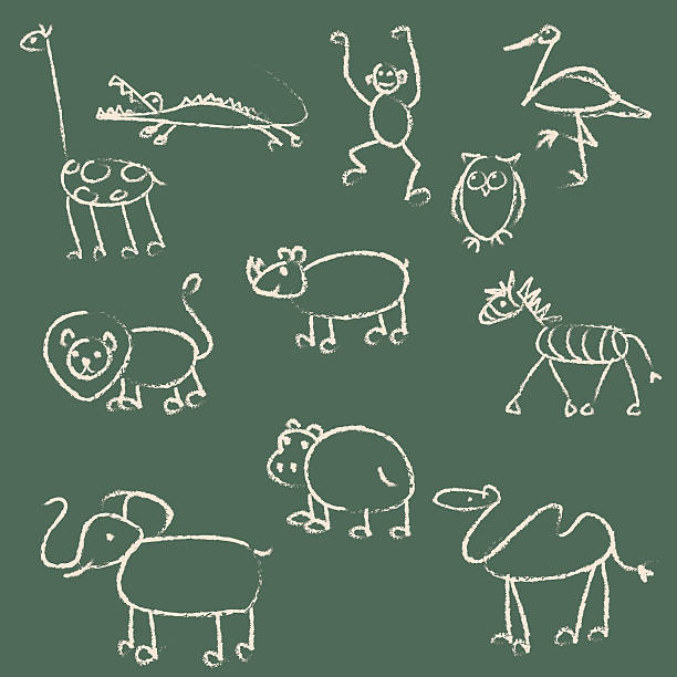 Zoo Animals Hand drawn zoo animals done in stick figure chalk style. elephant drawings stock illustrations