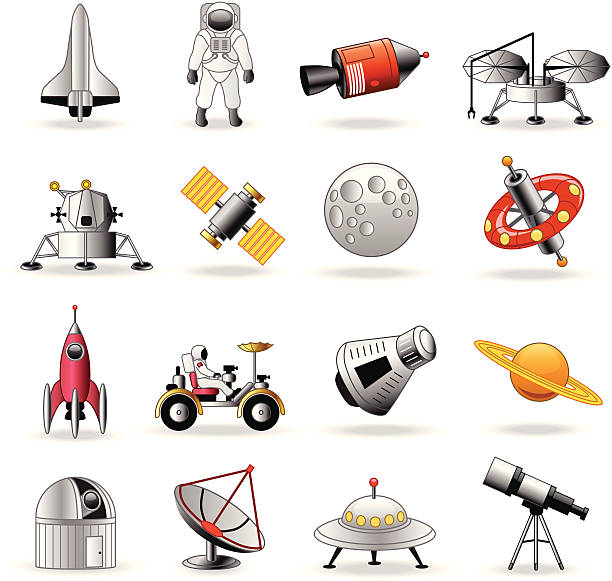 Space exploration icons cartoon Vector icons with a space exploration theme. astronaut clipart stock illustrations