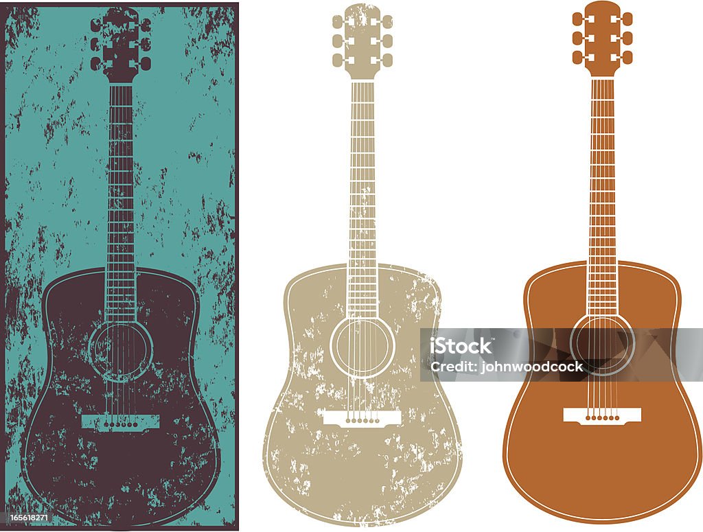 Grunge guitar three "A grunge acoustic guitar on a background, also comes with another textured instrument with different levels of grunge, plus a non textured silhouette. Each image is a single shape (no masks or overlaid colors), each guitar can be used separately, grunge texture is cut out so background colors show through." Guitar stock vector