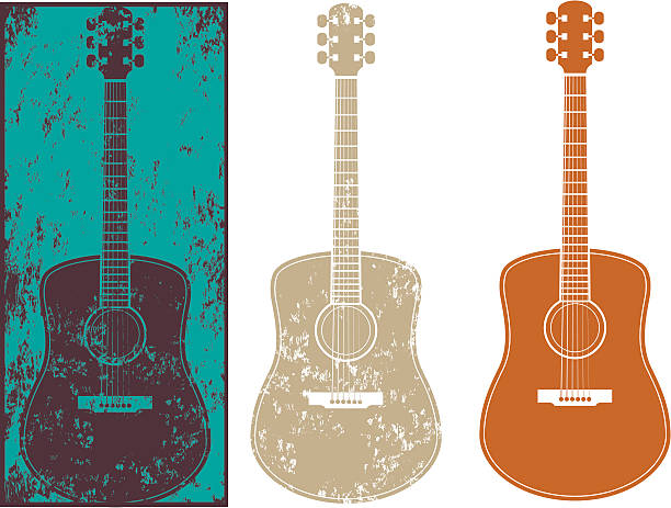 Grunge guitar three "A grunge acoustic guitar on a background, also comes with another textured instrument with different levels of grunge, plus a non textured silhouette. Each image is a single shape (no masks or overlaid colors), each guitar can be used separately, grunge texture is cut out so background colors show through." guitar stock illustrations