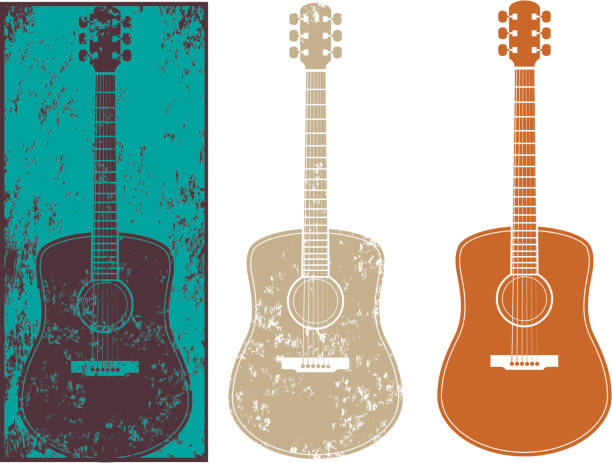 Grunge guitar three "A grunge acoustic guitar on a background, also comes with another textured instrument with different levels of grunge, plus a non textured silhouette. Each image is a single shape (no masks or overlaid colors), each guitar can be used separately, grunge texture is cut out so background colors show through." acoustic guitar stock illustrations