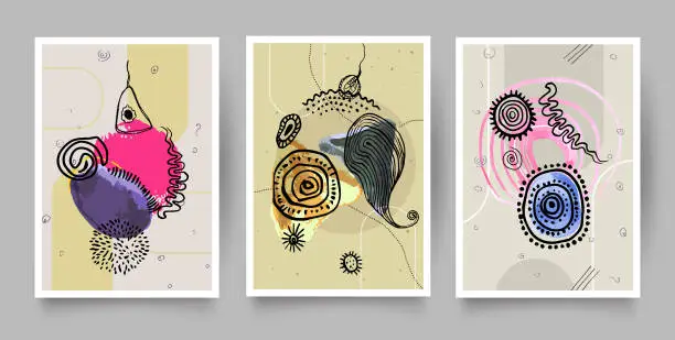 Vector illustration of Abstract poster collection. Set of contemporary art print templates. Set of creative hand painted illustration for wall decoration, postcard or brochure design. Vector art and watercolor.