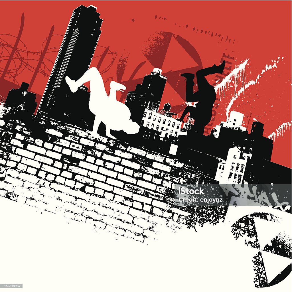New York b-boys Silhouette of breakdancers in New York city. Global colours are easily changed. Hip Hop Culture stock vector