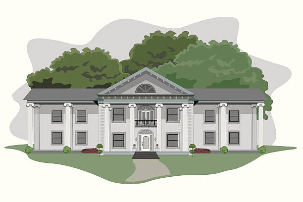 Illustration of a large plantation house Southern style mansion.  No gradients used.  AI vs 10 included in zip.  Oak trees behind house are complete and grouped separately. mansion stock illustrations