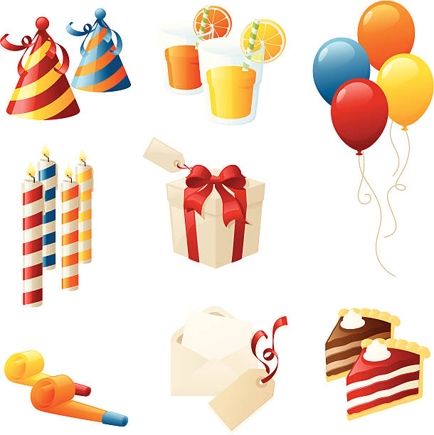 ilustraciones, imágenes clip art, dibujos animados e iconos de stock de fiesta de cumpleaños - birthday favors