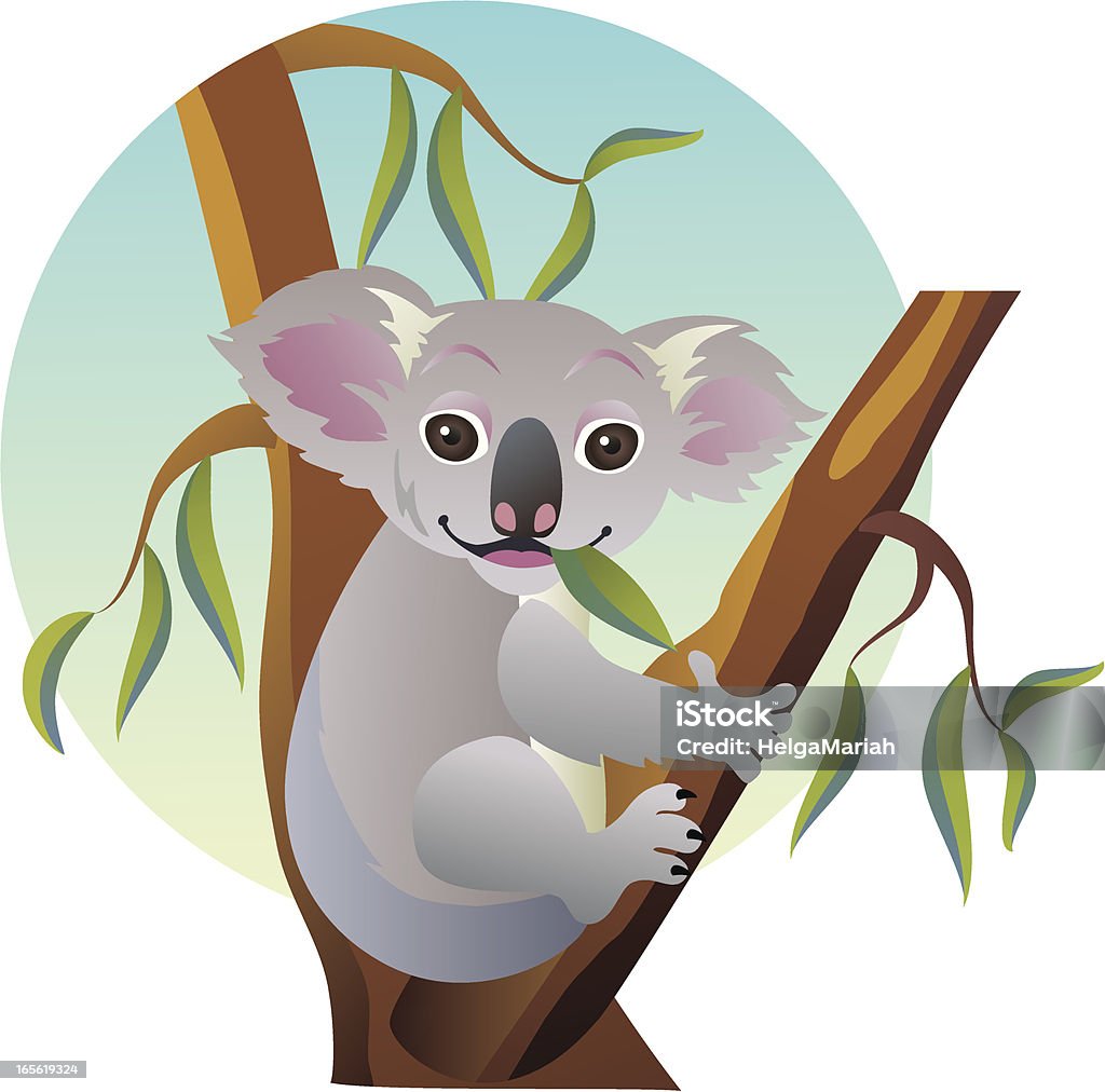 Linda comer bebé oso Koala sentado en Australian árbol de eucalipto - arte vectorial de Árbol de eucalipto libre de derechos