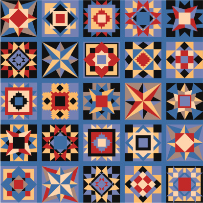 A vector illustration of a folk art quilt pattern.