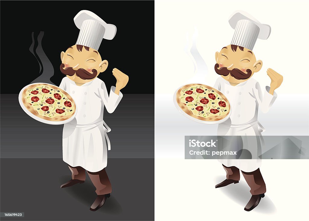 Chef pizza intera immagine con fumo - arte vettoriale royalty-free di Cuoco