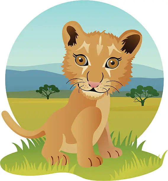 Vector illustration of Cute Sitting Baby Lion in African Landscape