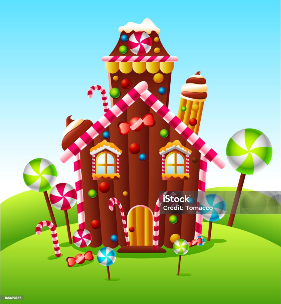 Candy house on green Hills - arte vectorial de Casa de galleta de jengibre libre de derechos