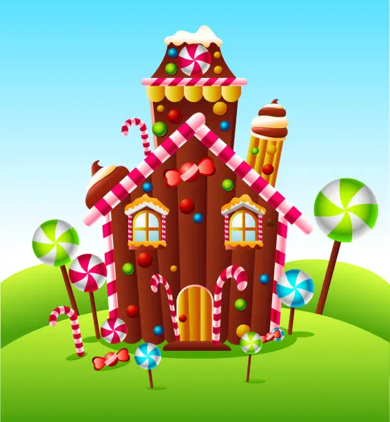 Vector illustration of Candy house on green hill