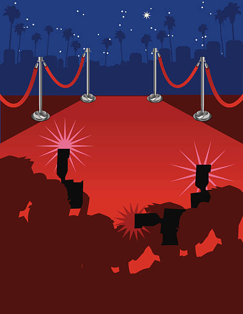 Red carpet arrival red carpet with photographers in forground paparazzi photographer illustrations stock illustrations