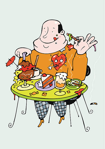 Smoking obese man eating ice cream and candy. Obese man sitting at a table, putting at risk their health and eating excessive ice cream, candy ..., drinking beer and coffee and smoking. Heart racing and suffering from the excesses in food and the snuff. Cardiovascular death. Infarction. Compulsive overeating. / Obese man sitting at a table, putting his health at risk and eating excessive ice cream, sweets, candies ..., drinking beer and coffee and smoking. Fast heart and suffering from excesses in food and tobacco. Cardiovascular death. Infarction. Compulsive dining room. obesidade stock illustrations