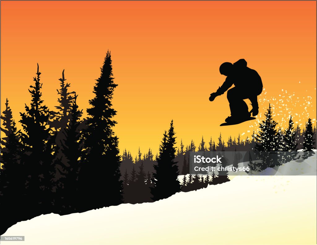 Silhouette vettoriali della Snowboarder in mid-air saltare al tramonto. - arte vettoriale royalty-free di Snowboard