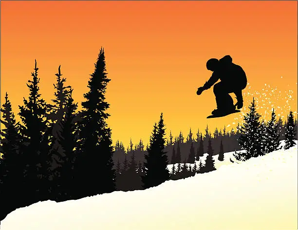 Vector illustration of Vector Silhouette of Snowboarder in mid-air jump at sunset.