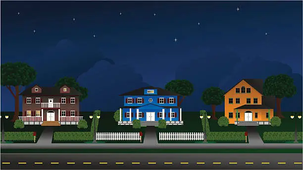 Vector illustration of Suburbia - Houses at night