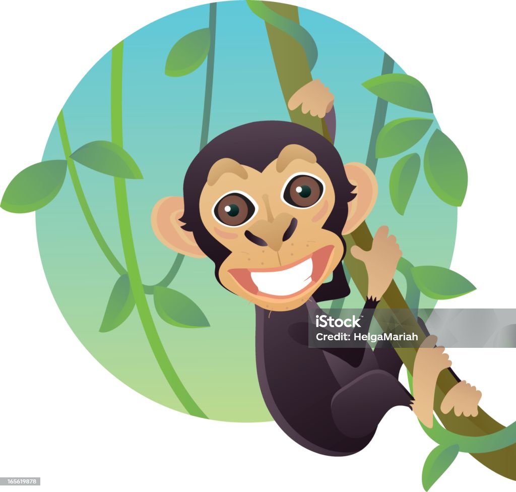 Drôle souriant Chimpanzé bébé singe sur un Arbre suspendu Liane - clipart vectoriel de Animaux de safari libre de droits