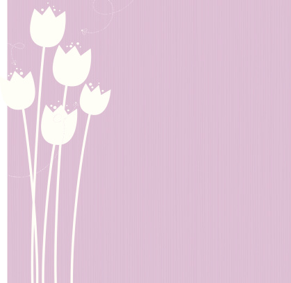 Lilac background with white Tulip silhouettes and flying insects.