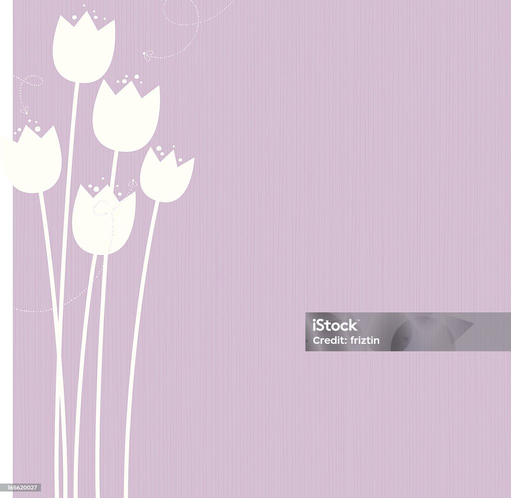 Tulips Lilac background with white Tulip silhouettes and flying insects. Tulip stock vector