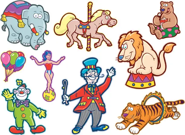 Vector illustration of Circus Clown, Lion Tamer Performers & Elephant, Tiger and Bear