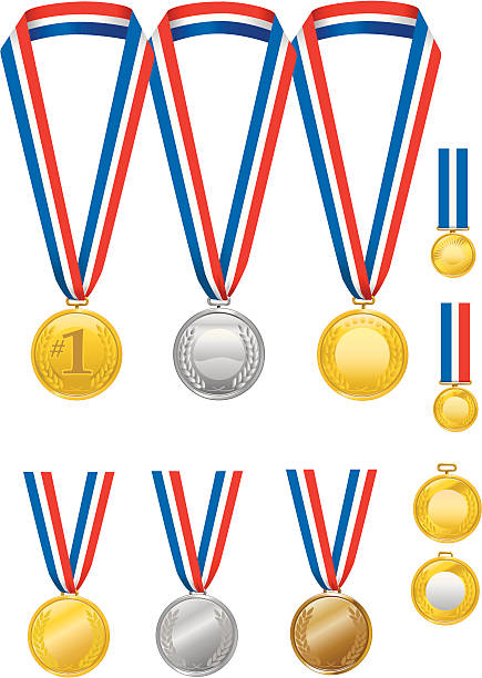 золотые, серебряные и бронзовые медали с лентой - gold medal medal gold medallion stock illustrations