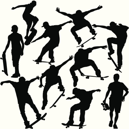 This is a set of silhouettes of skateboarders doing various tricks and maneuvers. This illustration is perfect for a variety of different design projects. This file has been layered and grouped for easy editing. This file includes a large JPG file, an ai V10 file, and an eps file.