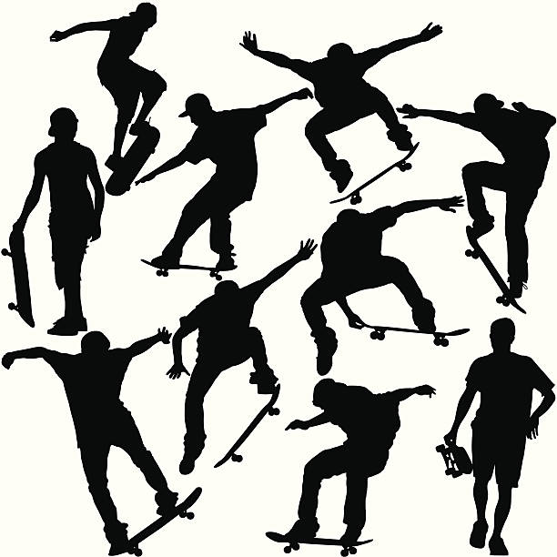 Skateboarders Silhouette Set This is a set of silhouettes of skateboarders doing various tricks and maneuvers. This illustration is perfect for a variety of different design projects. This file has been layered and grouped for easy editing. This file includes a large JPG file, an ai V10 file, and an eps file. skateboarding stock illustrations