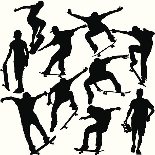 Skateboarders Silhouette Set This is a set of silhouettes of skateboarders doing various tricks and maneuvers. This illustration is perfect for a variety of different design projects. This file has been layered and grouped for easy editing. This file includes a large JPG file, an ai V10 file, and an eps file. skating stock illustrations