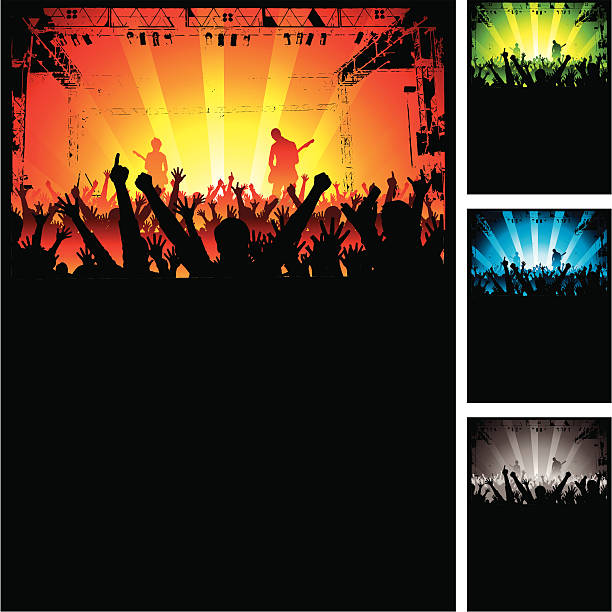 Cheering Crowd at Rock Concert "Vector illustration portraying an enthusiastic crowd with arms raised at a rock concert.  The crowd and band members are in silhouette, and there is  space for copy in the bottom half of the composition.  File includes four color options." modern rock stock illustrations