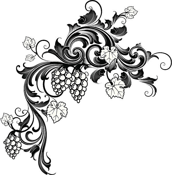 Grape Cascade Designed by a hand engraver, this carefully drawn and highly detailed intertwining scrollwork can be used a number of ways. Easily change the scroll colors. Scale to any size without loss of quality with the enclosed EPS, AI, files. Also includes high resolution JPG. fruit borders stock illustrations