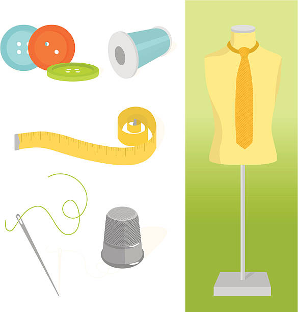 illustrazioni stock, clip art, cartoni animati e icone di tendenza di sartoria prodotti e attrezzature - sewing dressmakers model tape measure mannequin