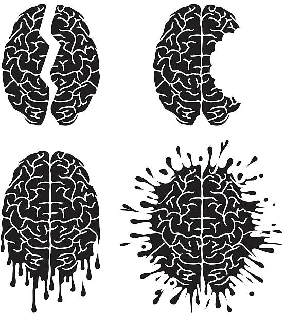 Brain damage Four damaged brains: cracked, bited, melted, splattered. melting brain stock illustrations