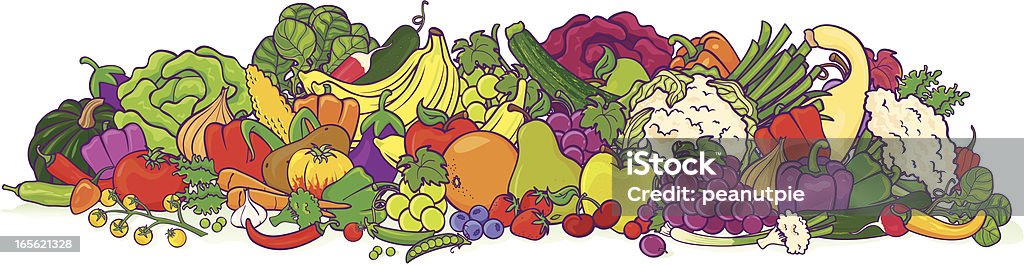 Piatto di frutta grande & vegetariano, illustrazioni gruppo - arte vettoriale royalty-free di Frutta