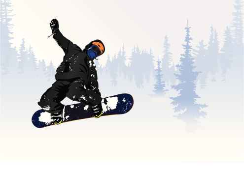 Snowboarder in mid-air doing a method grab with misty trees in background. 