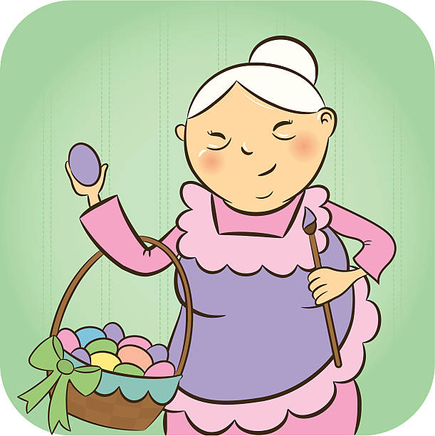 Cheerful Grandma with Easter Eggs vector art illustration