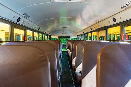 Interior, inside, of a american school bus.